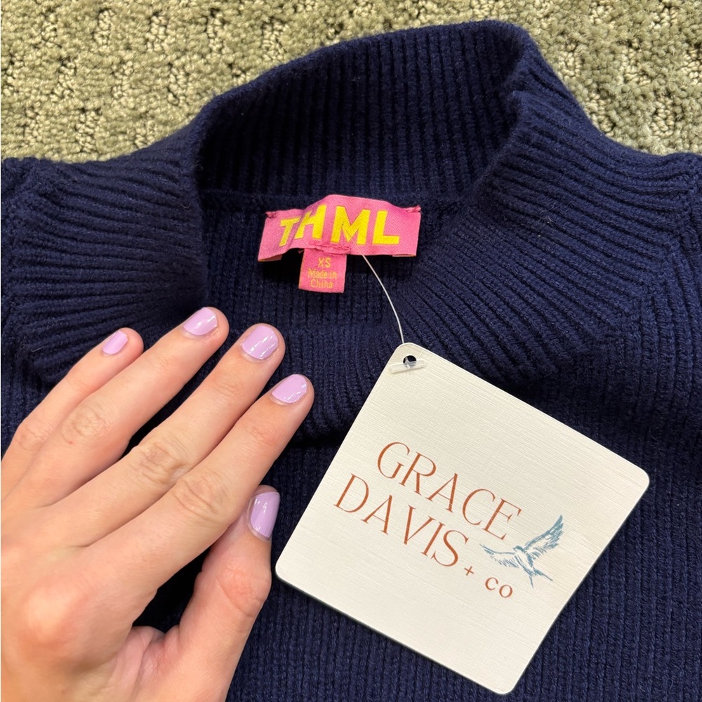 NWT THML Navy Sweater with Scalloped Sleeves - Picture 2 of 3